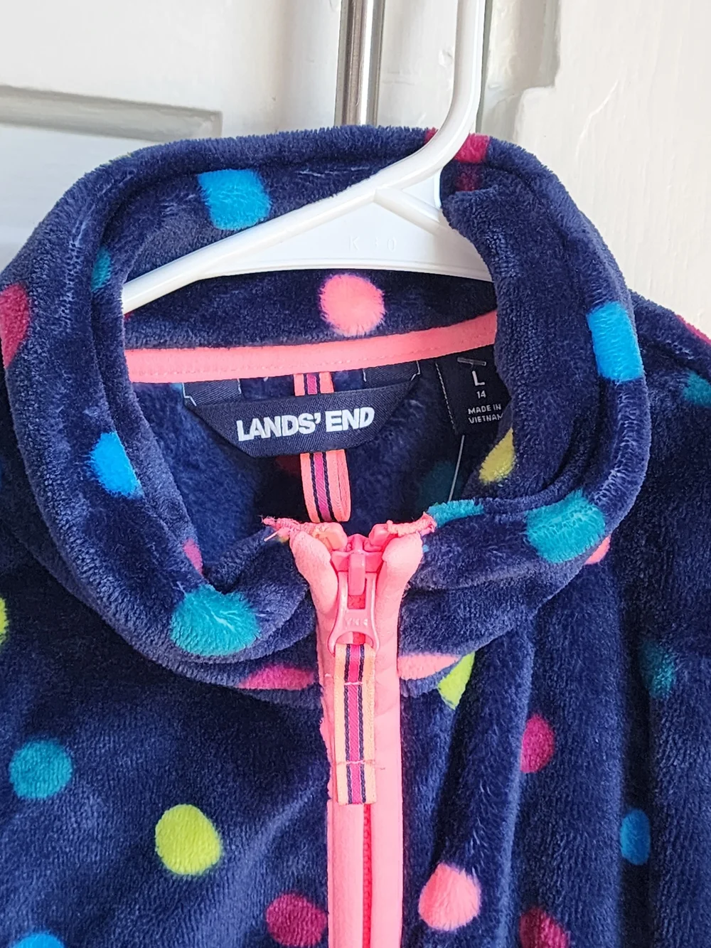 KIDS Lands' End Navy Polka Dot Fleece Vest with Pink Zipper